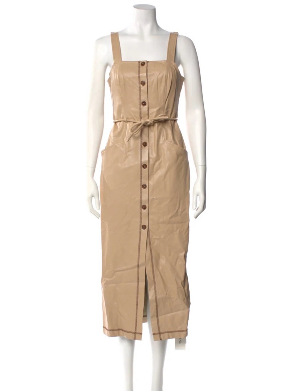 NWT L'Academie Tan Button-Front Midi Dress with Tie Waist